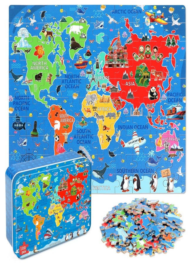 LELEMON World Map Puzzles for Kids Ages 4-8,100 Pieces World Sea Map Jigsaw Puzzles in a Metal Box,Fun World Map Learning Educational Toys for Boys Girls - Image 1